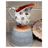 Artisan Crafted Ceramic Pottery Lot - Pitcher, Oval Plate & Bowl (Lot of 3)