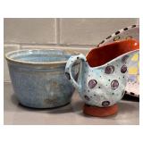 Artisan Crafted Ceramic Pottery Lot - Pitcher, Oval Plate & Bowl (Lot of 3)