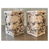 K - Pair of Plaster Lion Head Pedestals Bookends - Ornate Scrollwork