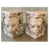 K - Pair of Plaster Lion Head Pedestals Bookends - Ornate Scrollwork