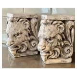 K - Pair of Plaster Lion Head Pedestals Bookends - Ornate Scrollwork