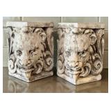 K - Pair of Plaster Lion Head Pedestals Bookends - Ornate Scrollwork
