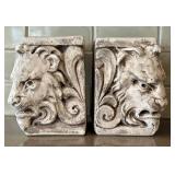 K - Pair of Plaster Lion Head Pedestals Bookends - Ornate Scrollwork