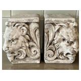 K - Pair of Plaster Lion Head Pedestals Bookends - Ornate Scrollwork