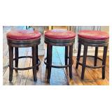 Bar Stools - Red Faux Crocodile Leather, 28 in H, Swivel, Antique Walnut Finish (Set of 3)