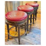 Bar Stools - Red Faux Crocodile Leather, 28 in H, Swivel, Antique Walnut Finish (Set of 3)