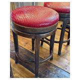 Bar Stools - Red Faux Crocodile Leather, 28 in H, Swivel, Antique Walnut Finish (Set of 3)