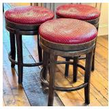 Bar Stools - Red Faux Crocodile Leather, 28 in H, Swivel, Antique Walnut Finish (Set of 3)