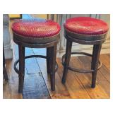 Bar Stools - Red Faux Crocodile Leather, 28 in H, Swivel, Antique Walnut Finish (Set of 3)