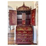 Vintage Maitland Smith Chinoiserie Red Lacquer Secretary Cabinet with Hand-Painted Gold Scenes
