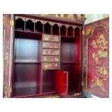 Vintage Maitland Smith Chinoiserie Red Lacquer Secretary Cabinet with Hand-Painted Gold Scenes