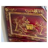 Vintage Maitland Smith Chinoiserie Red Lacquer Secretary Cabinet with Hand-Painted Gold Scenes