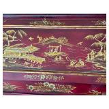 Vintage Maitland Smith Chinoiserie Red Lacquer Secretary Cabinet with Hand-Painted Gold Scenes