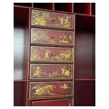 Vintage Maitland Smith Chinoiserie Red Lacquer Secretary Cabinet with Hand-Painted Gold Scenes