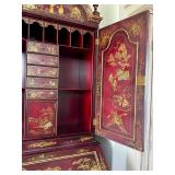 Vintage Maitland Smith Chinoiserie Red Lacquer Secretary Cabinet with Hand-Painted Gold Scenes