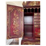 Vintage Maitland Smith Chinoiserie Red Lacquer Secretary Cabinet with Hand-Painted Gold Scenes