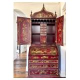 Vintage Maitland Smith Chinoiserie Red Lacquer Secretary Cabinet with Hand-Painted Gold Scenes