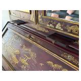 Vintage Maitland Smith Chinoiserie Red Lacquer Secretary Cabinet with Hand-Painted Gold Scenes