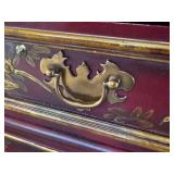 Vintage Maitland Smith Chinoiserie Red Lacquer Secretary Cabinet with Hand-Painted Gold Scenes