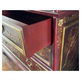 Vintage Maitland Smith Chinoiserie Red Lacquer Secretary Cabinet with Hand-Painted Gold Scenes