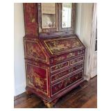 Vintage Maitland Smith Chinoiserie Red Lacquer Secretary Cabinet with Hand-Painted Gold Scenes