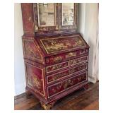 Vintage Maitland Smith Chinoiserie Red Lacquer Secretary Cabinet with Hand-Painted Gold Scenes