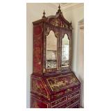 Vintage Maitland Smith Chinoiserie Red Lacquer Secretary Cabinet with Hand-Painted Gold Scenes