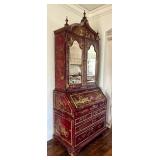 Vintage Maitland Smith Chinoiserie Red Lacquer Secretary Cabinet with Hand-Painted Gold Scenes