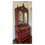 Vintage Maitland Smith Chinoiserie Red Lacquer Secretary Cabinet with Hand-Painted Gold Scenes