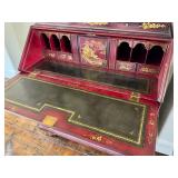 Vintage Maitland Smith Chinoiserie Red Lacquer Secretary Cabinet with Hand-Painted Gold Scenes