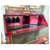 Vintage Maitland Smith Chinoiserie Red Lacquer Secretary Cabinet with Hand-Painted Gold Scenes