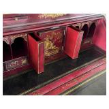 Vintage Maitland Smith Chinoiserie Red Lacquer Secretary Cabinet with Hand-Painted Gold Scenes