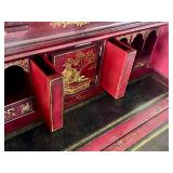 Vintage Maitland Smith Chinoiserie Red Lacquer Secretary Cabinet with Hand-Painted Gold Scenes