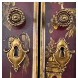 Vintage Maitland Smith Chinoiserie Red Lacquer Secretary Cabinet with Hand-Painted Gold Scenes