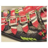 Gucci Floral Brocade Multistrap Buckled Loafers - Red Straps, Eye Insole, Made in Italy