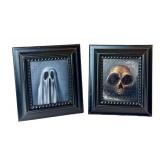 KP - Nicholas Harper Ghost & Skull Paintings - Pair in Black Frames, 4 x 4.5 in