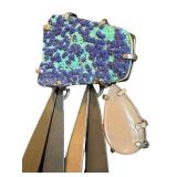 LW Signed 6-Inch Fringe Brooch - Blue-Green Stone with Purple Druzy & Pink Teardrop