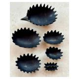 K - Walter Bosse Hedgehog Ashtrays - Set of 6 - Mid-Century Black with Gold Spines