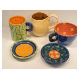 Artisan Crafted Ceramic Mugs & Saucers - Assorted (Lot of 5)
