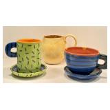 Artisan Crafted Ceramic Mugs & Saucers - Assorted (Lot of 5)