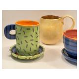 Artisan Crafted Ceramic Mugs & Saucers - Assorted (Lot of 5)