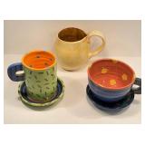 Artisan Crafted Ceramic Mugs & Saucers - Assorted (Lot of 5)