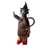 KP - Artisan Folk Art Witch Ceramic Teapot Sculpture with Hat, Earrings & Red Shoes