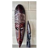 K - Wooden Tigre Mask w/ Mirror Eyes & Carved Figurine (Lot of 2)