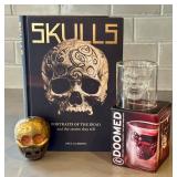 O - Skulls: Portraits of the Dead - Paul Gambino Hardcover; Doomed Skull Shot Glass; Decorative Skull Ornament