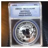 1994 ANACS MS70DCAM Silver Kookaburra, Mint Fresh