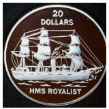 Gem Uncirculated DCAM Proof Silver 1993 Tuvalu $20 HMS Royalist Sloop, 15K Mintage, KM# 18