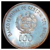 High Grade Uncirculated 1986 Peru Silver 100 Intis, 150th Anniv Cáceres, KM# 298