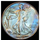 Spectacular Uncirculated 1943 Walking Liberty Half Dollar w/Gold Hue & Rainbow Toning