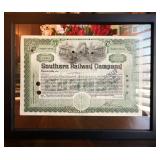 Framed Southern Railway Co. Cancelled Stock Certificate - No Shipping on this Item